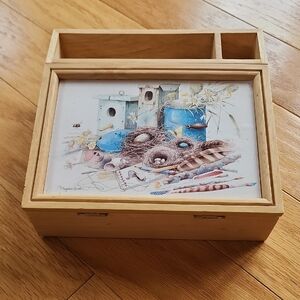 Natural Wood Stationary Jewelry Trinket Box Keepsake Box with Blue Birdhouse Art